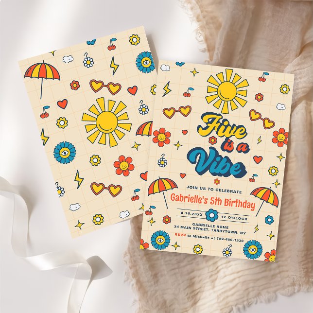Five is a Vibe Groovy Retro Daisy 5th Birthday Invitation (Creator Uploaded)
