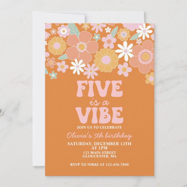 Five is a vibe Groovy Retro Floral 5th birthday Invitation (Front)