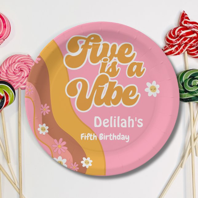 Five is a vibe groovy retro summer birthday paper plate (Creator Uploaded)