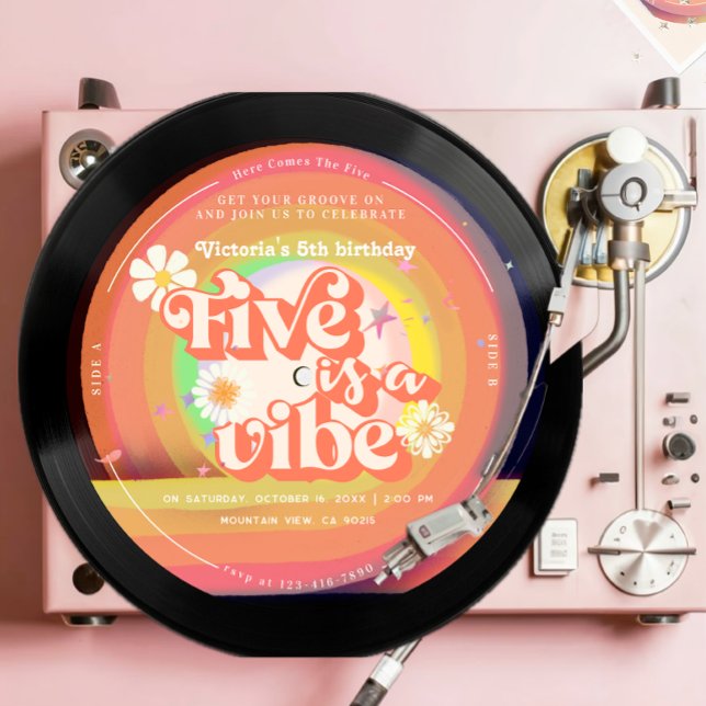 FIVE is a Vibe Groovy Retro Sunshine Rainbow Daisy Invitation (Creator Uploaded)