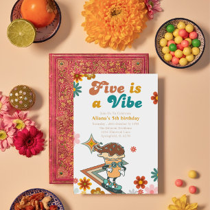 Five is a Vibe groovy skateboard 5th birthday Invitation