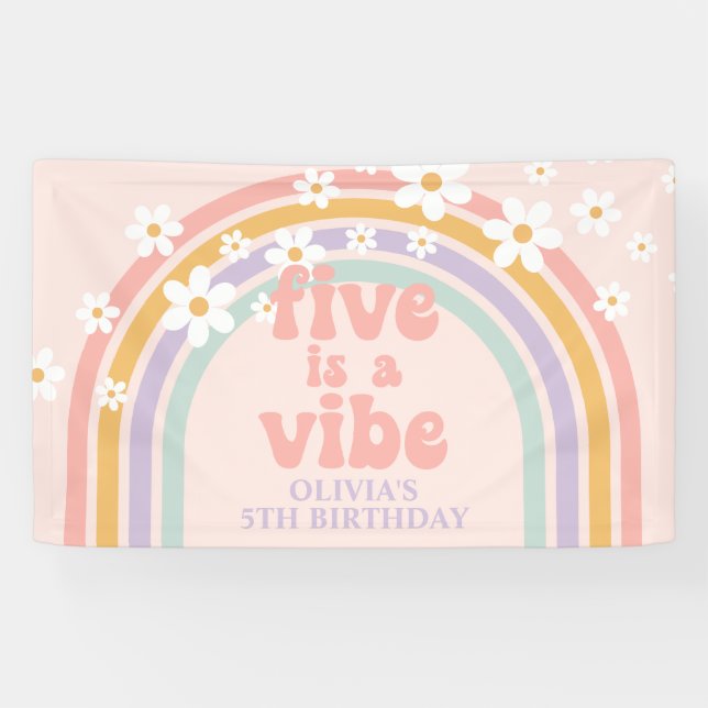 Five is a Vibe Pastel rainbow 5th birthday Banner (Horizontal)