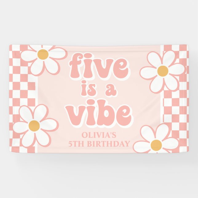 Five is a Vibe Pink Daisy Checker Banner (Horizontal)