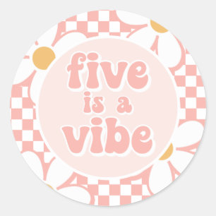 Five is a Vibe Pink Daisy Chequered Classic Round Sticker