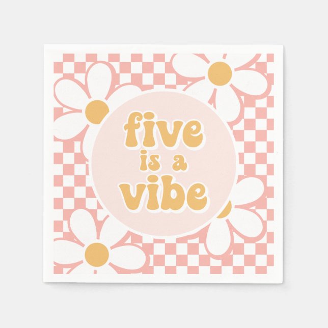Five is a Vibe Pink Daisy Chequered Napkin (Front)