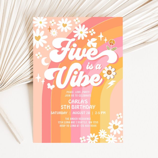 FIVE is a Vibe Pink Peach 5th Groovy Birthday Invitation (Creator Uploaded)