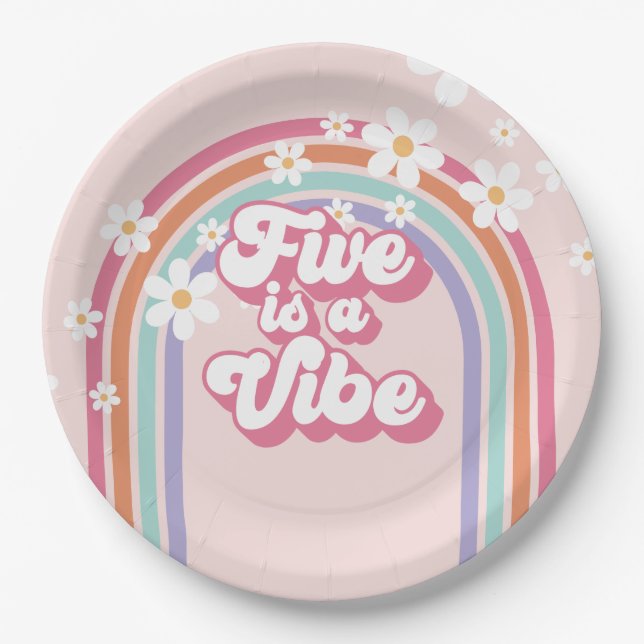 Five is a Vibe Rainbow Pink 5th Birthday Paper Plate (Front)