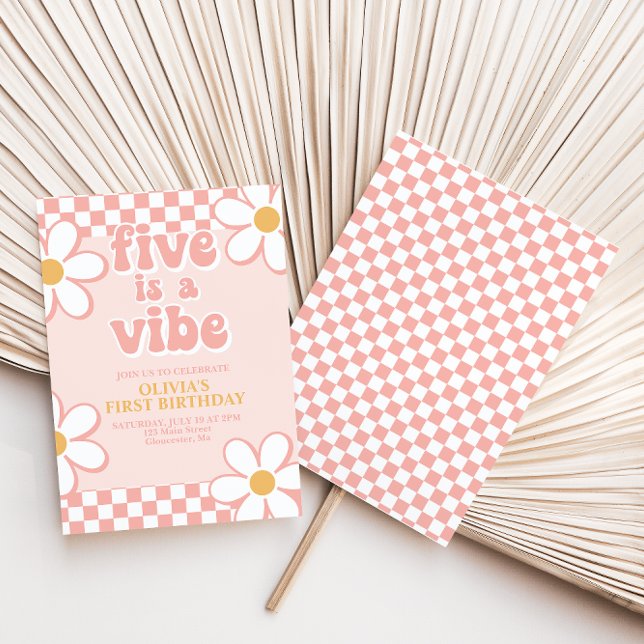 Five is a Vibe Retro Check Pink Daisy Invitation (Creator Uploaded)
