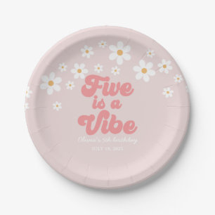 Five is a Vibe Retro Daisy Pink 5th birthday Paper Plate