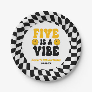 Five Is A Vibe Retro Fifth 5th Birthday Party Paper Plate