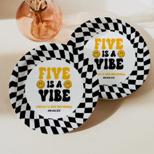 Five Is A Vibe Retro Fifth 5th Birthday Party Paper Plate