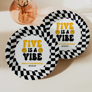 Five Is A Vibe Retro Fifth 5th Birthday Party Paper Plate