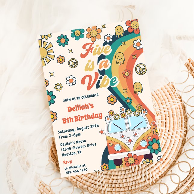 Five Is A Vibe Retro Floral 5th Birthday Party Invitation (Creator Uploaded)
