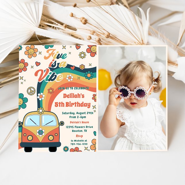 Five Is A Vibe Retro Floral 5th Birthday Photo  Invitation (Creator Uploaded)