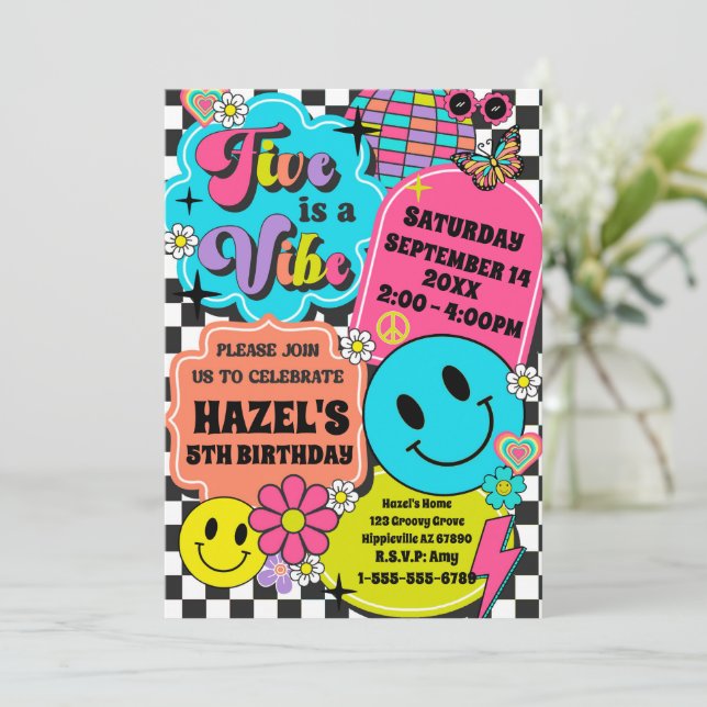 Five is a Vibe Retro Smile Groovy Birthday Party  Invitation (Standing Front)