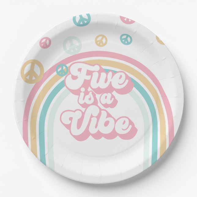 Five is a Vibe Retro Summer Rainbow Paper Plate (Front)