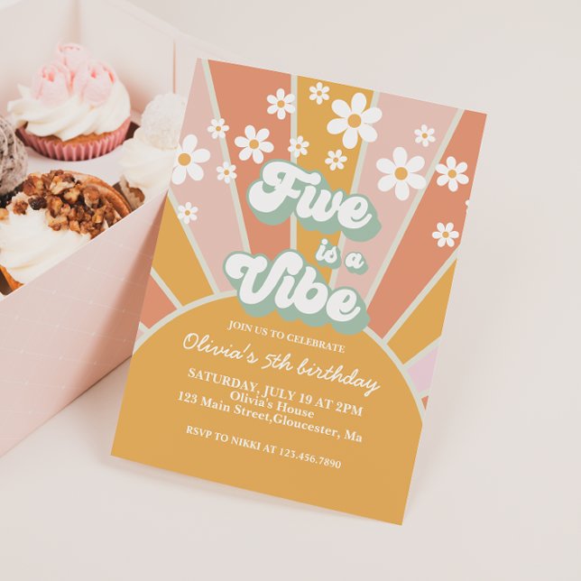 Five is a Vibe Retro Sunshine daisy boho floral Invitation (Creator Uploaded)