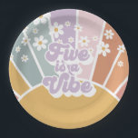 Five is a Vibe Retro Sunshine Rainbow Daisy Paper Plate<br><div class="desc">Five is a Vibe Retro Sunshine Rainbow Daisy inspired 5th birthday party plates.</div>