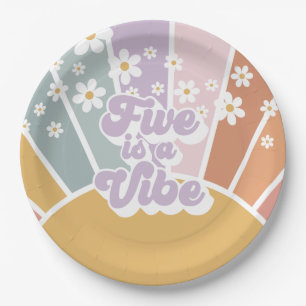 Five is a Vibe Retro Sunshine Rainbow Daisy Paper Plate