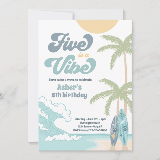 Five Is A Vibe Retro Surf Beach Birthday Party Invitation (Front)