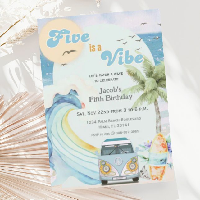 Five is a Vibe Surf Beach Retro Fifth Birthday  Invitation (Creator Uploaded)