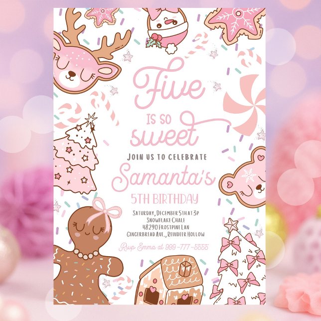 Five Is So Sweet Christmas Cookie Birthday Party Invitation (Five Is So Sweet girl Christmas cookie birthday party with festive holiday décor, colorful cookies, )