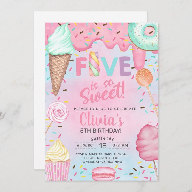 Five is so Sweet girl 5th birthday invitation. Invitation (Front/Back)