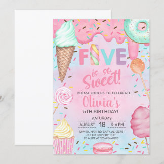 Five is so Sweet girl 5th birthday invitation. Invitation