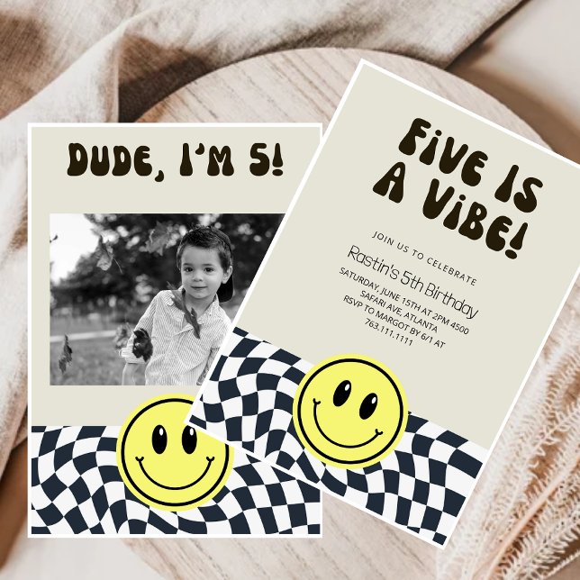 Five is Vibe | Boys Happy Face Kids 5th Birthday  Invitation (Creator Uploaded)