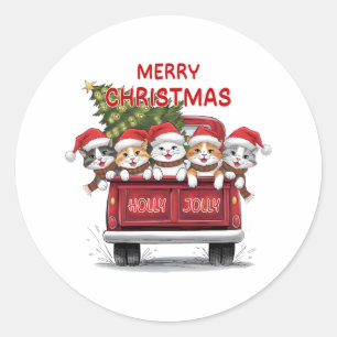Five Jolly Christmas Cats Red Truck Classic Round Sticker
