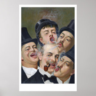 Five Jolly Smoking Men Playing Cards Poster