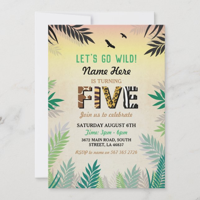 Five Jungle 5th Birthday Party Safari ZOO Invite (Front)