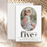 Five Modern Minimal Photo 5th Birthday Party Invitation<br><div class="desc">A sweet and simple birthday party invitation for a girl turning five, this simple modern design in a neutral colour scheme with white background placing the emphasis on your beautiful child as they prepare to celebrate at their 5th birthday party. The unique oval frame has a photo template to personalise...</div>