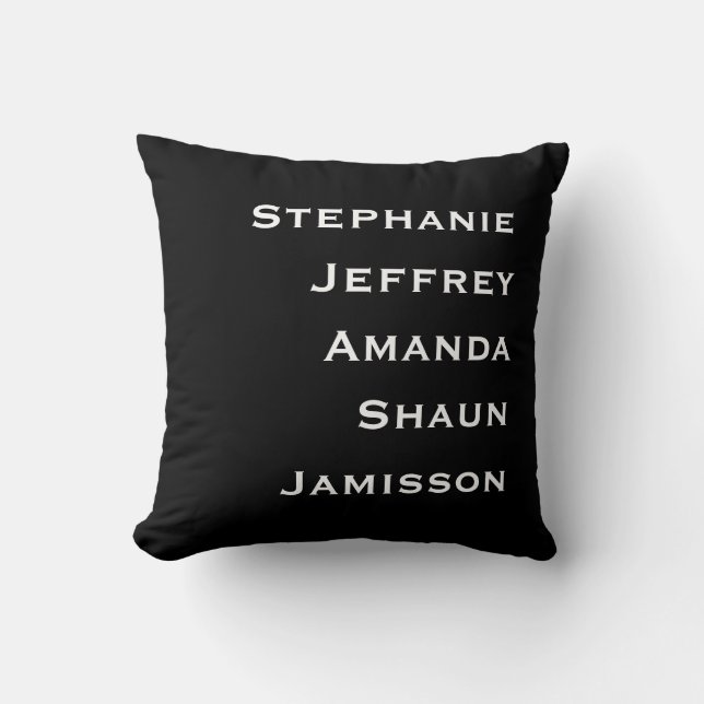 Five Names Black and White Square Throw Pillow (Front)