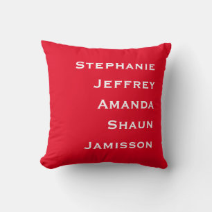 Five Names Red and White Square Throw Pillow