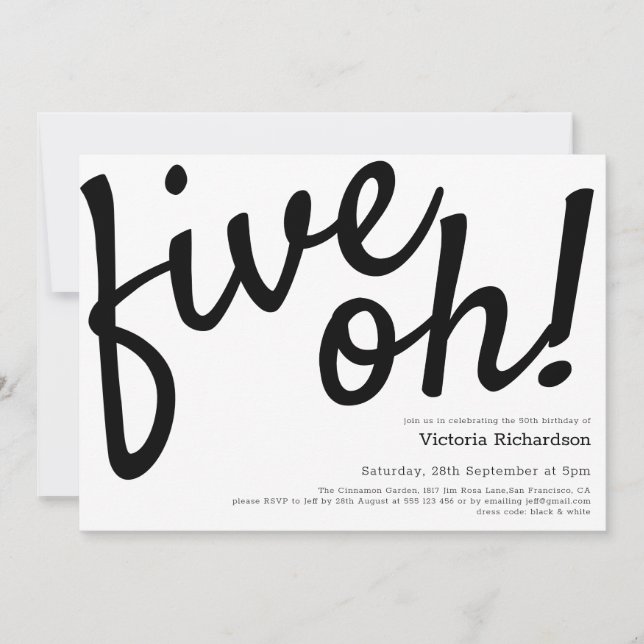 Five Oh Minimalist 50th Birthday Black White  Invitation (Front)