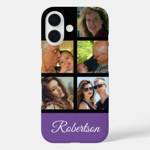 Five Personal Photos personalize with Name purple iPhone 16 Case