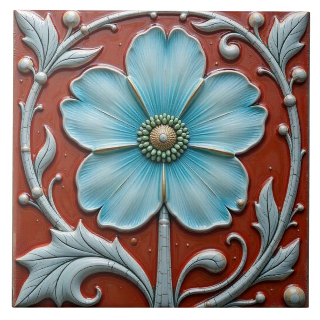 Five Petal Sky Blue Flower Ceramic Tile (Front)
