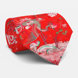 Five Phoenixes in Garden Chinese Red Floral Tie