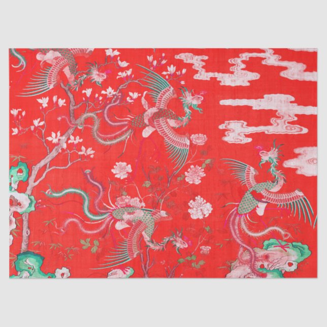 Five Phoenixes in Garden Chinese Red Floral  Tissue Paper (Front)