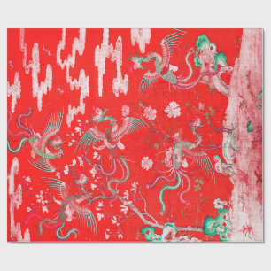 Five Phoenixes in Garden Chinese Red Floral  Wrapping Paper