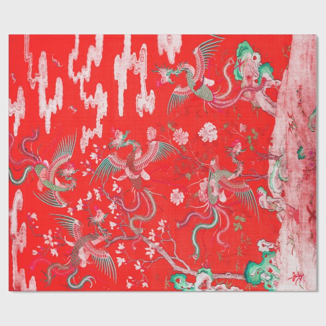 Five Phoenixes in Garden Chinese Red Floral  Wrapping Paper (Flat)