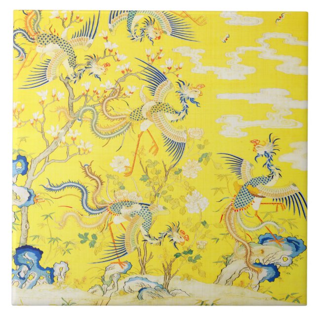 Five Phoenixes in Garden Chinese Yellow Floral  Ceramic Tile (Front)