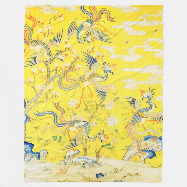 Five Phoenixes in Garden Chinese Yellow Floral Fleece Blanket (Front)