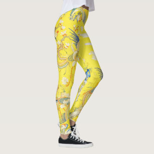 Five Phoenixes in Garden Chinese Yellow Floral Leggings