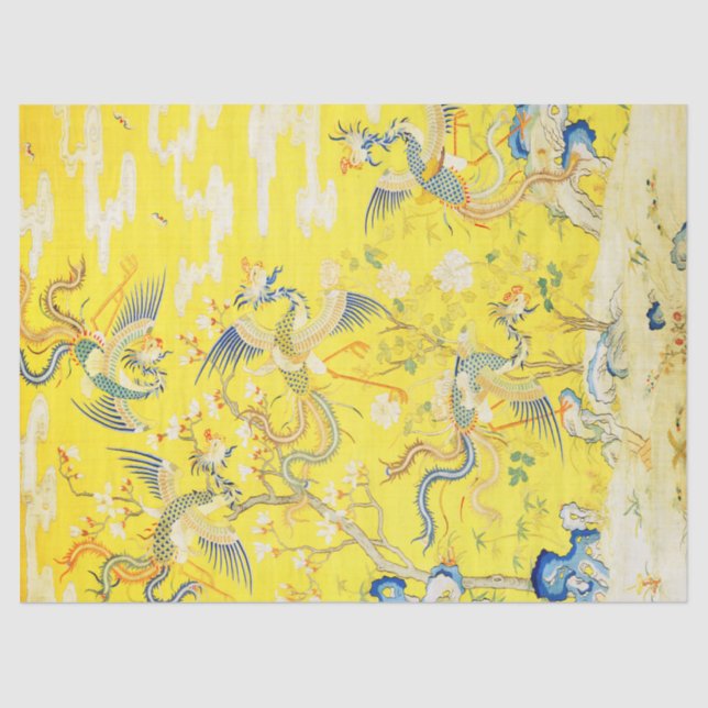Five Phoenixes in Garden Chinese Yellow Floral Tis Tissue Paper (Front)