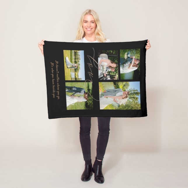 Five Photo Collage Love Script Black Fleece Blanket (In Situ)