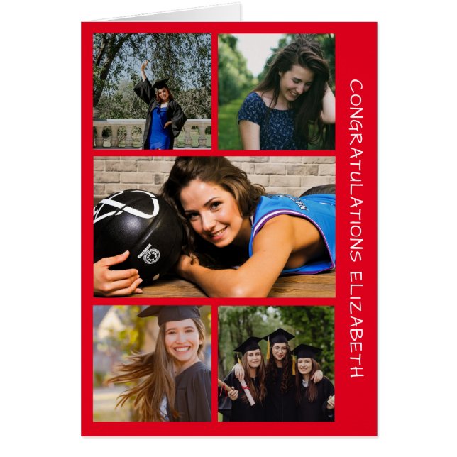 Five Photo Graduation Collage Red Congrats Card (Front)