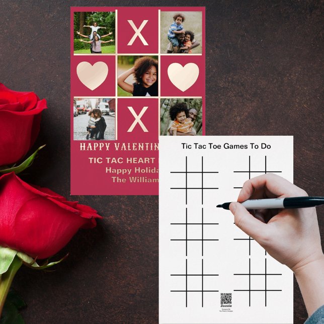 Five Photo Tic Tac Toe Heart Magenta Valentine Foil Holiday Card (Creator Uploaded)