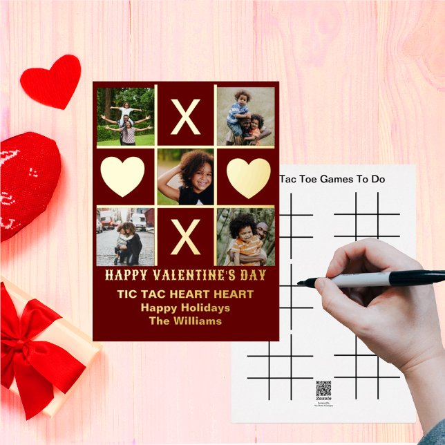 Five Photo Tic Tac Toe Heart Red Valentine Foil Holiday Card (Creator Uploaded)